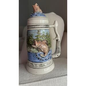 German Stein Decorative Fishing Scenes Decor Holds 40oz